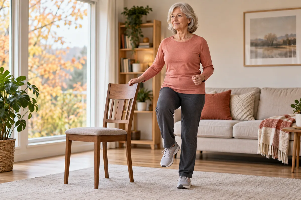 An older woman doing a gentle marching step beside a wooden dining chair in her living room, one hand on the chair back