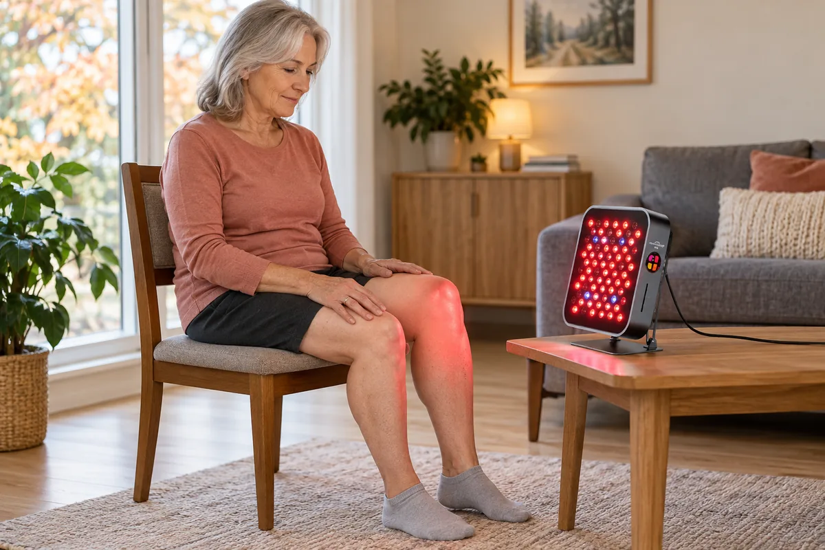 A woman seated on a chair with a Total Spectrum MINI red light panel on the coffee table in front of her, aimed at her bare knee