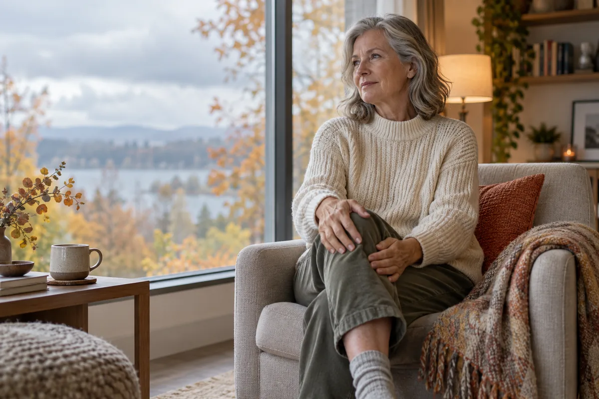 A woman in her sixties in a cream sweater sitting by a window on an autumn morning, one hand resting on her knee