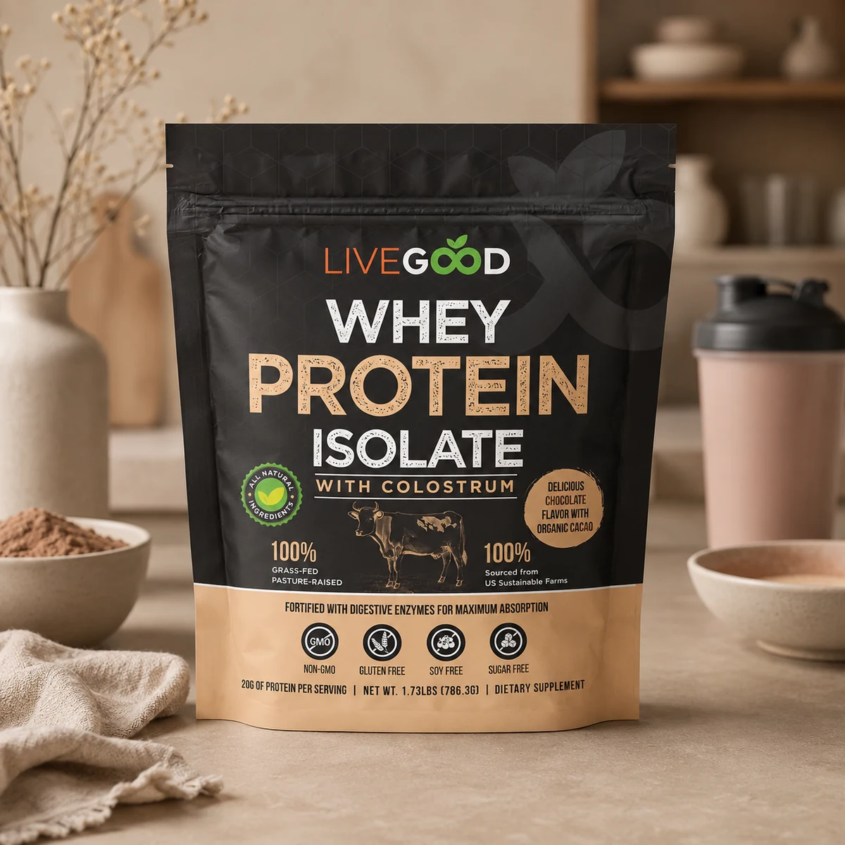 Chocolate whey protein isolate with colostrum pouch on red background showing grass-fed clean protein formula