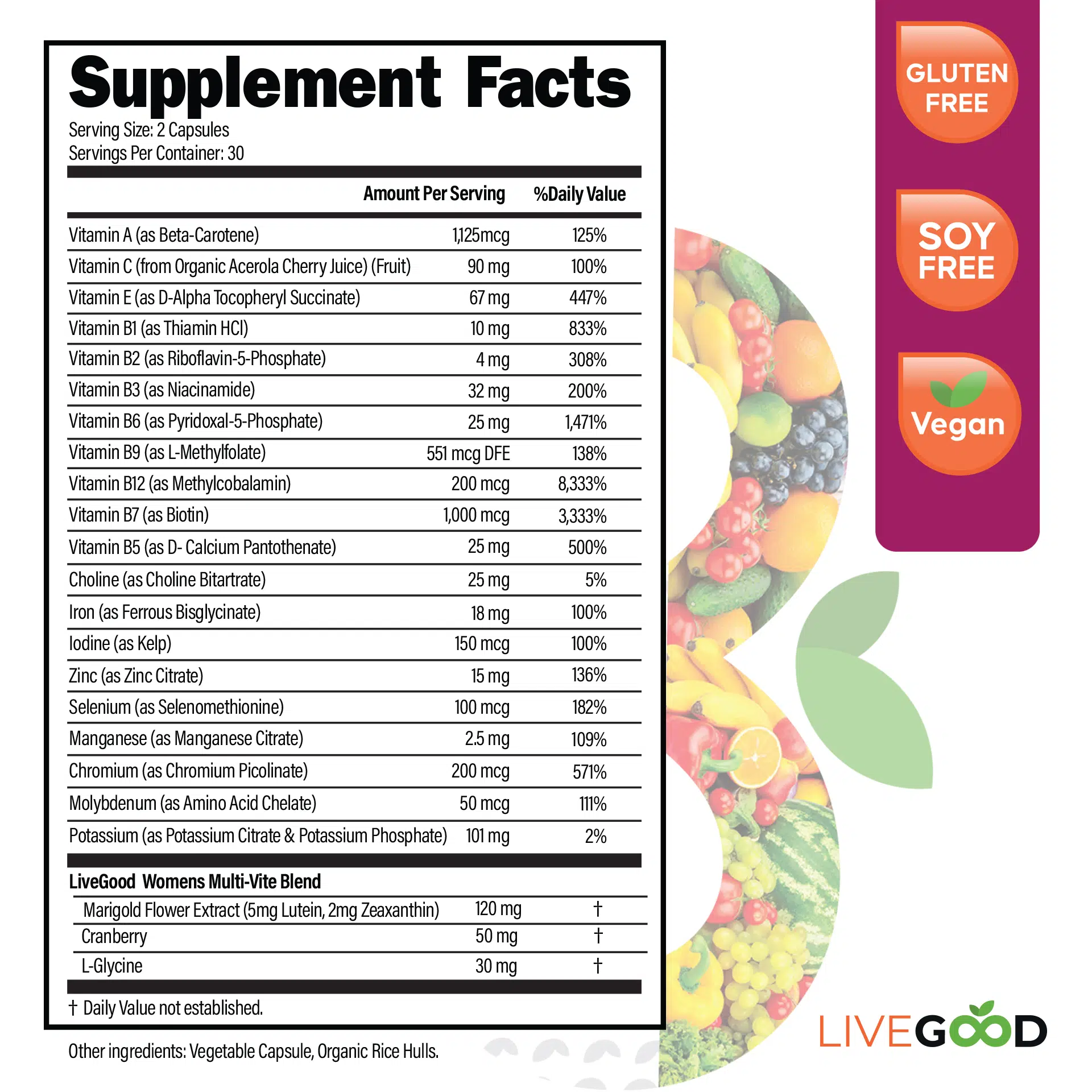 Supplement facts panel for Bio-Active Complete Multivitamin for Women with Iron