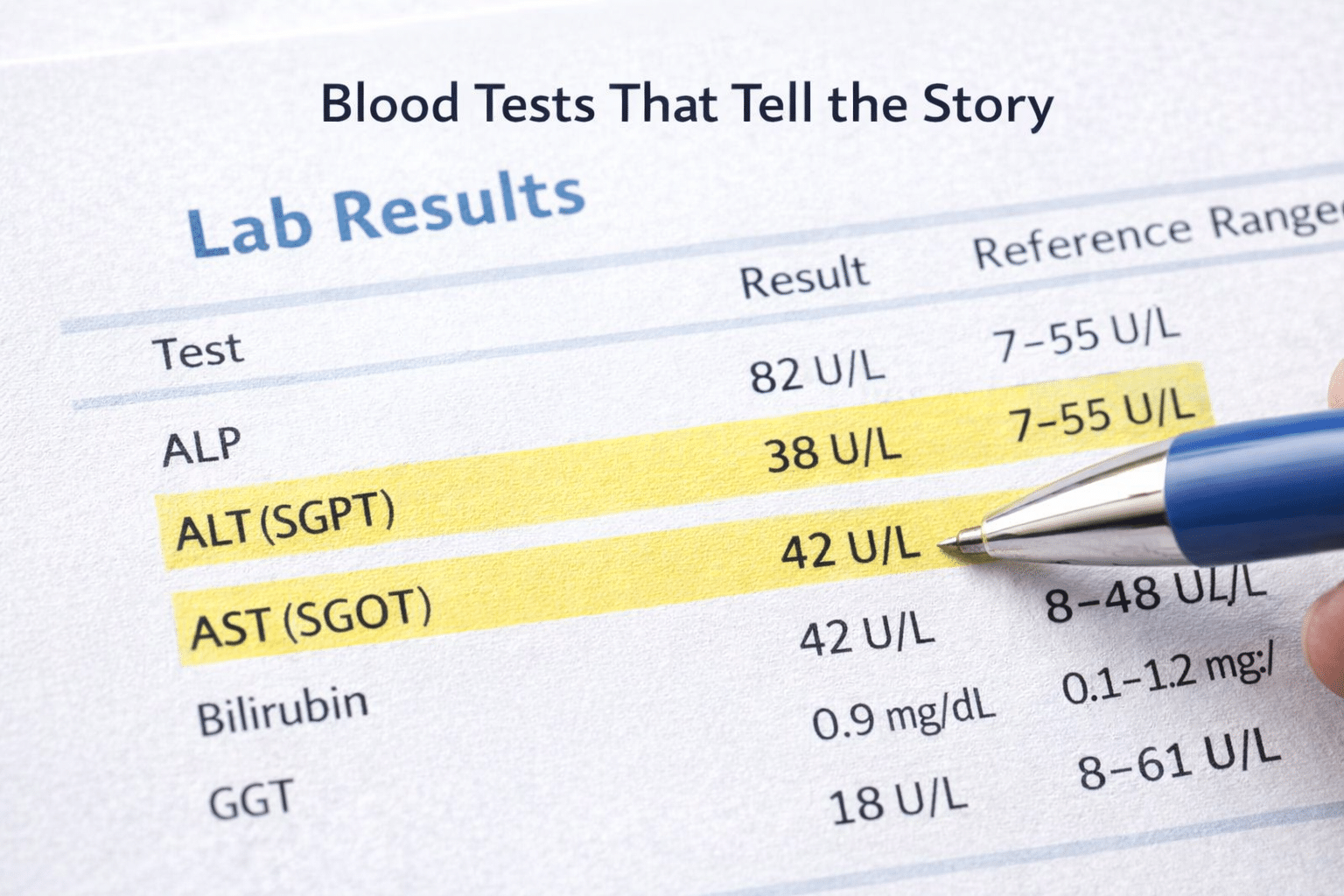 liver function blood test panel with ALT and AST levels used to monitor fatty liver health