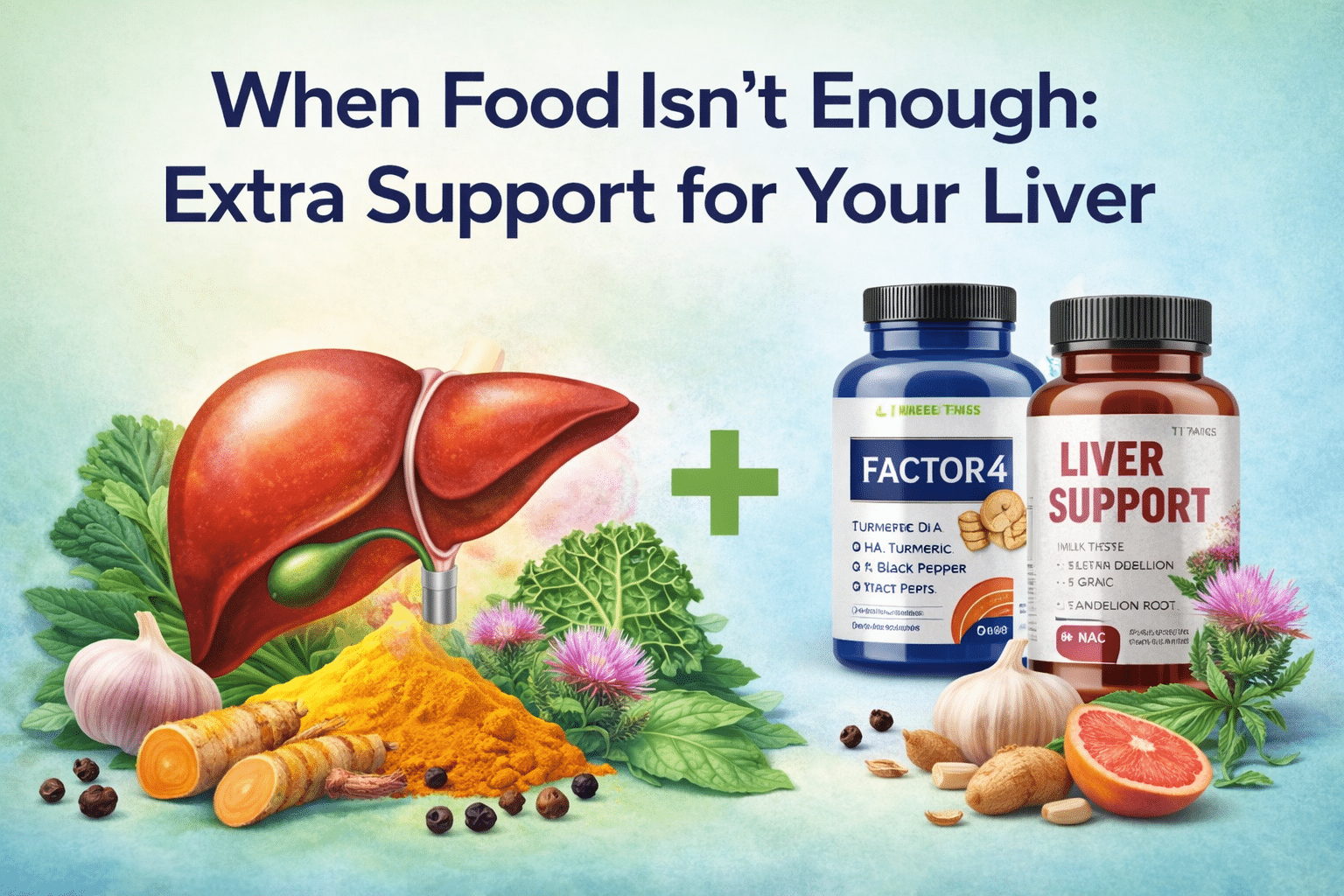 Liver illustration with turmeric, garlic, milk thistle and liver support supplements representing extra nutritional support beyond diet