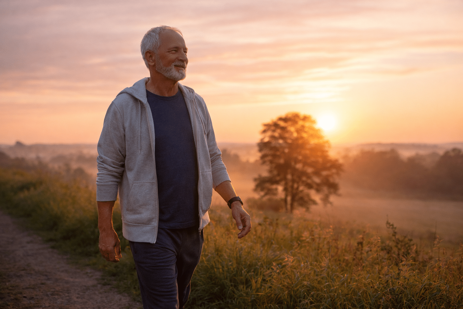 older adult walking at sunrise promoting gentle movement for liver health and sustainable weight loss during fatty liver recovery