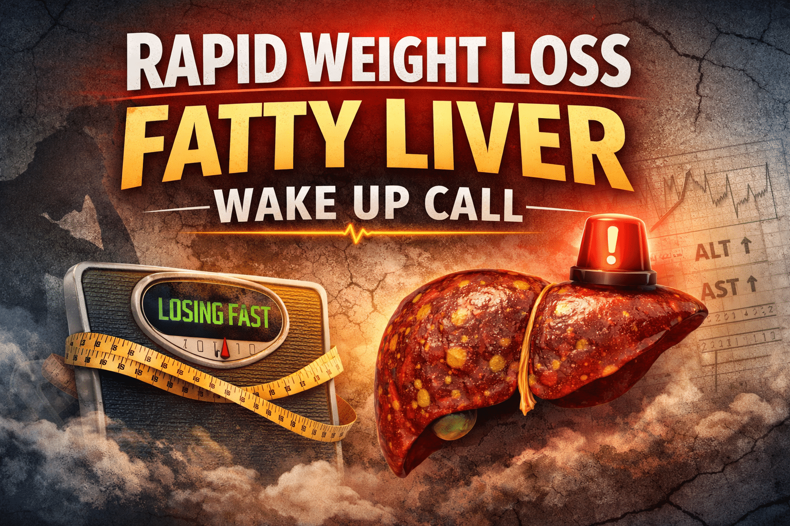 Rapid weight loss fatty liver wake-up call feature image showing a bathroom scale reading “losing fast” next to a detailed illustration of a fatty liver with warning light and elevated ALT and AST markers in the background.