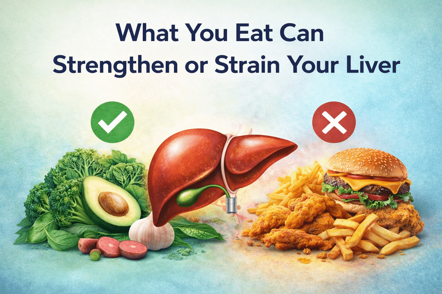 Illustration of liver between healthy foods like avocado and broccoli and unhealthy fast food showing how diet can strengthen or strain liver function