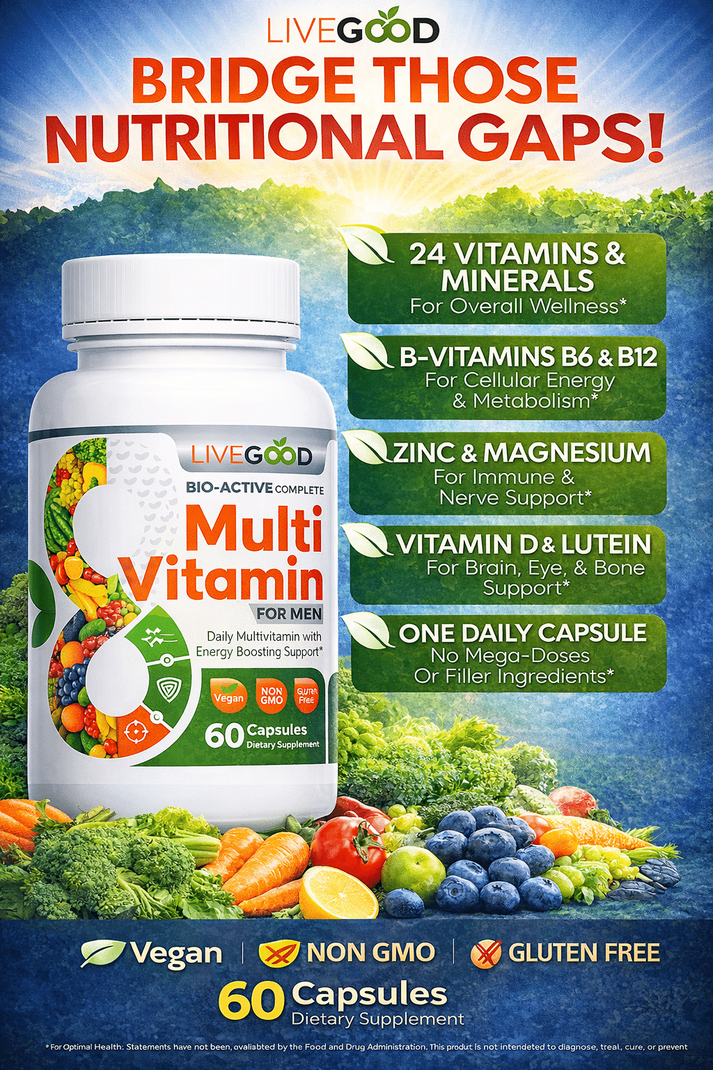 Infographic showing the benefits and ingredients of Bio-Active multivitamin for men