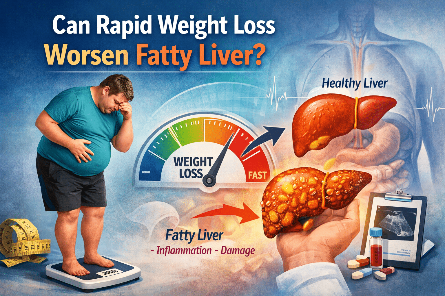 Overweight man standing on a scale looking worried beside a graphic comparing healthy liver and fatty liver, with headline text Can Rapid Weight Loss Worsen Fatty Liver? and medical visuals showing inflammation and liver damage.