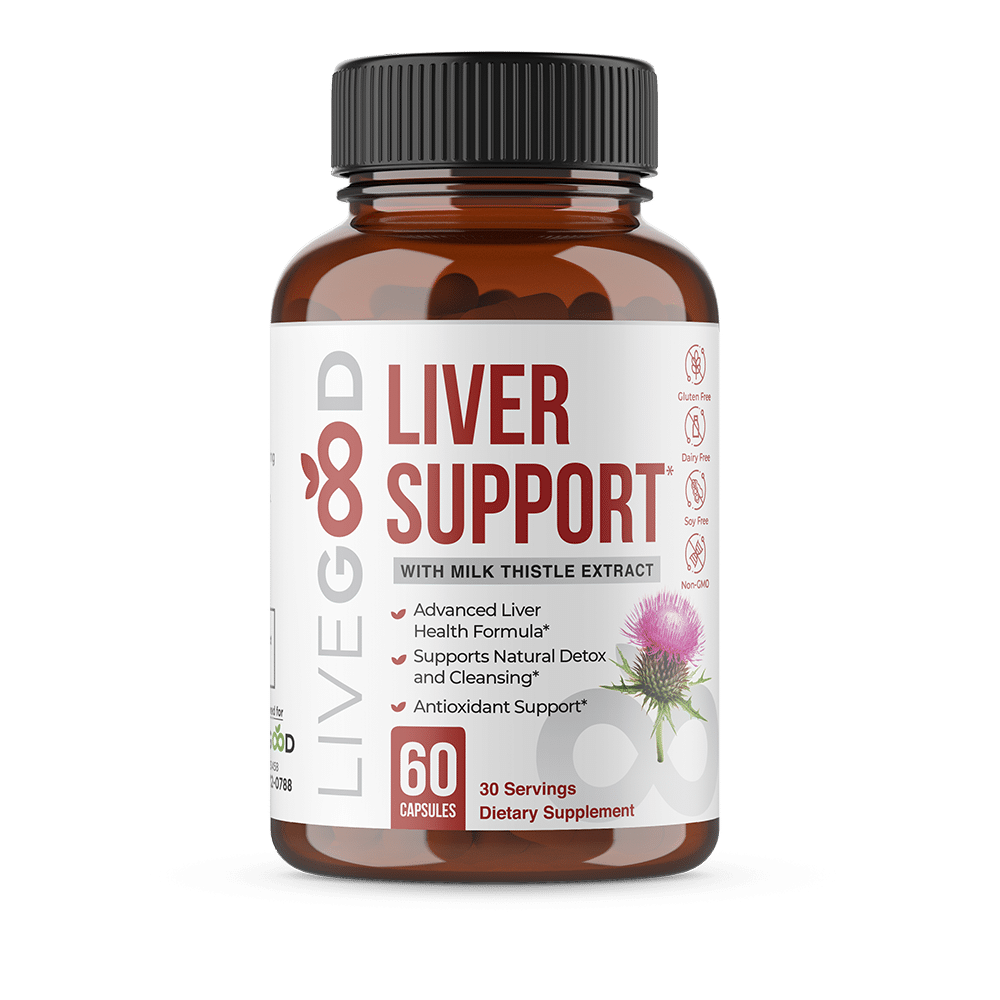 LiveGood Liver Support supplement bottle with milk thistle extract, 60 capsules