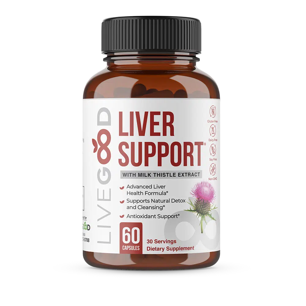 LiveGood Liver Support supplement bottle with milk thistle extract, 60 capsules