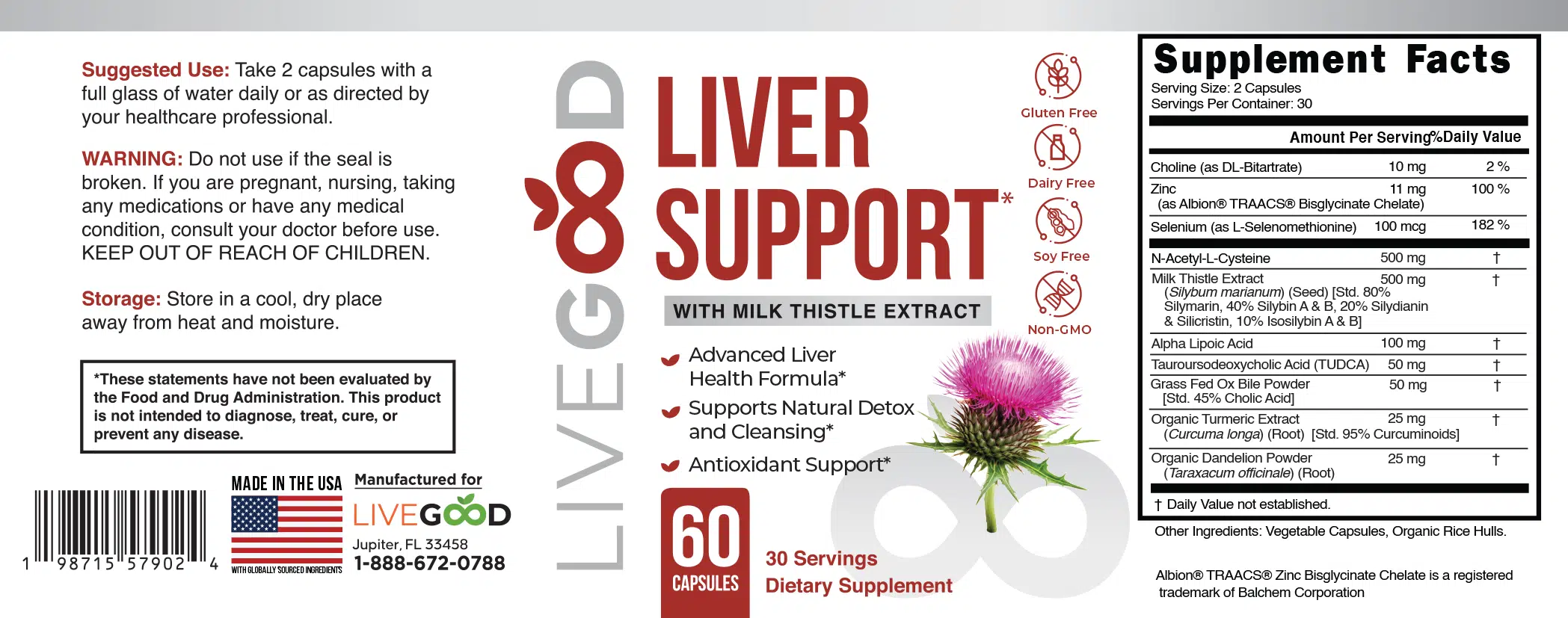 LiveGood Liver Support supplement bottle label and Supplement Facts panel, 60 capsules