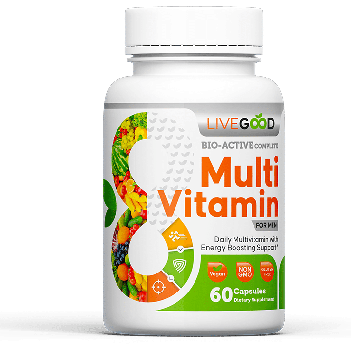 Bio-Active Multivitamin for Men bottle with 60 vegan capsules, daily nutritional support for energy, focus, and overall wellness