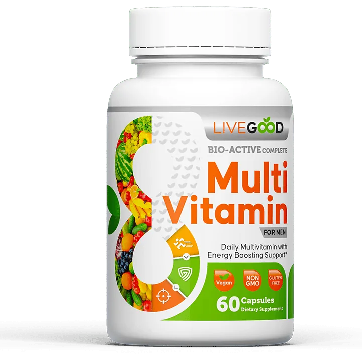Bio-Active Multivitamin for Men bottle with 60 vegan capsules, daily nutritional support for energy, focus, and overall wellness