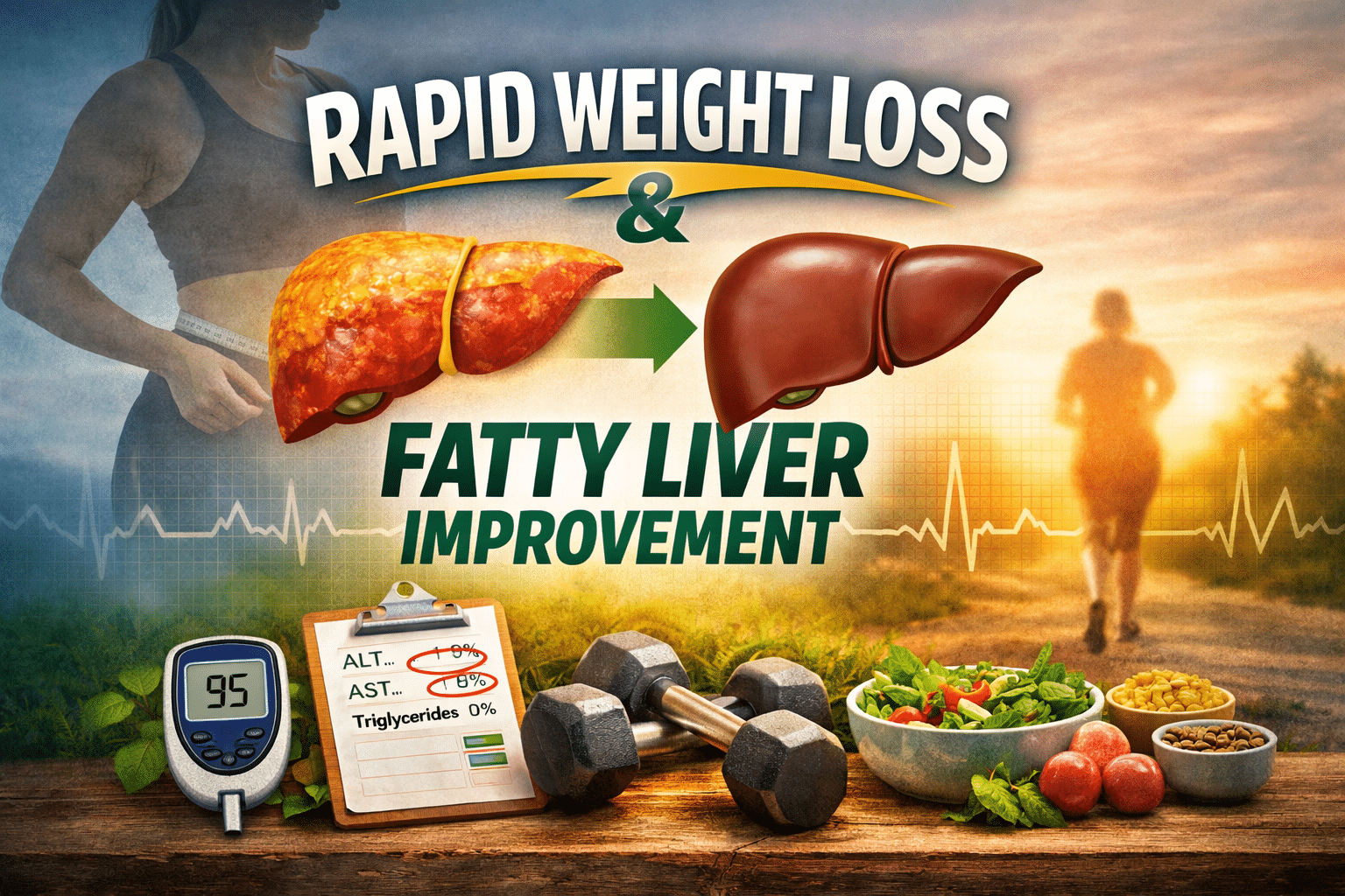 Rapid weight loss fatty liver concept image showing unhealthy vs healthy liver comparison, woman measuring waist, lab results with ALT and AST levels, glucose monitor, dumbbells, healthy foods, and walking silhouette representing safe weight loss and liver improvement