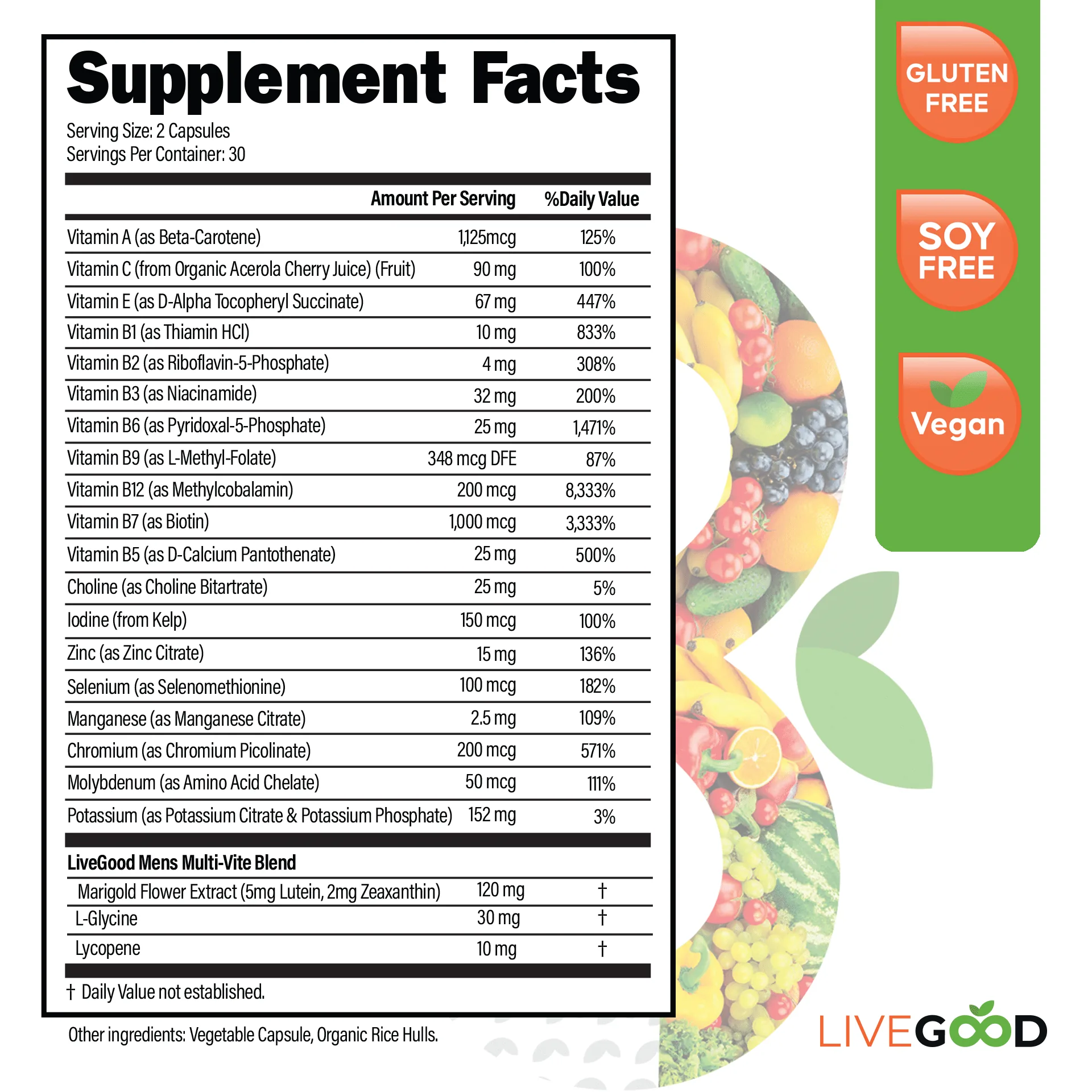 LiveGood Bio-Active Multivitamin for Men supplement facts panel listing vitamins, minerals, dosage amounts, and daily values