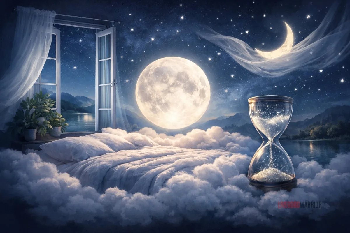 Surreal night scene with glowing full moon above a cloud-like bed, open window to a starry sky, and a sparkling hourglass symbolising restorative quality sleep.