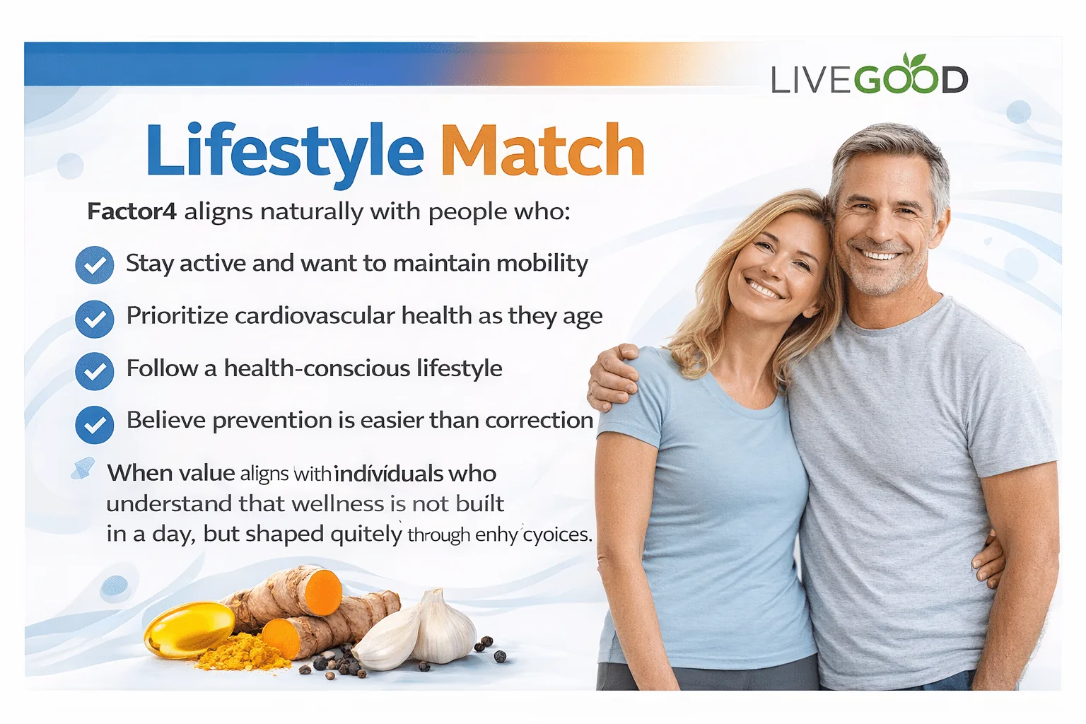 Healthy lifestyle, happy match Lifestyle Match graphic for Factor4 by LiveGood showing active mature couple and key benefits for inflammation support, heart health, and mobility