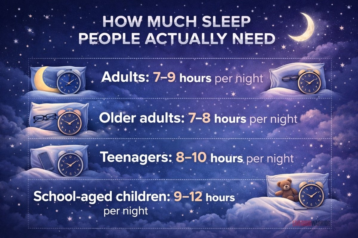 Infographic showing recommended sleep duration by age group: adults 7–9 hours, older adults 7–8 hours, teenagers 8–10 hours, and school-aged children 9–12 hours per night.