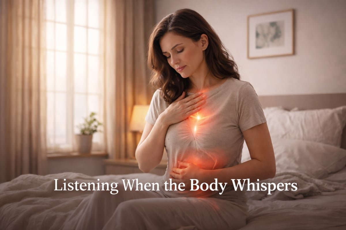 Listening when the body whispers concept image showing a woman gently holding her chest and abdomen in a calm bedroom, symbolising early awareness of subtle health signals.