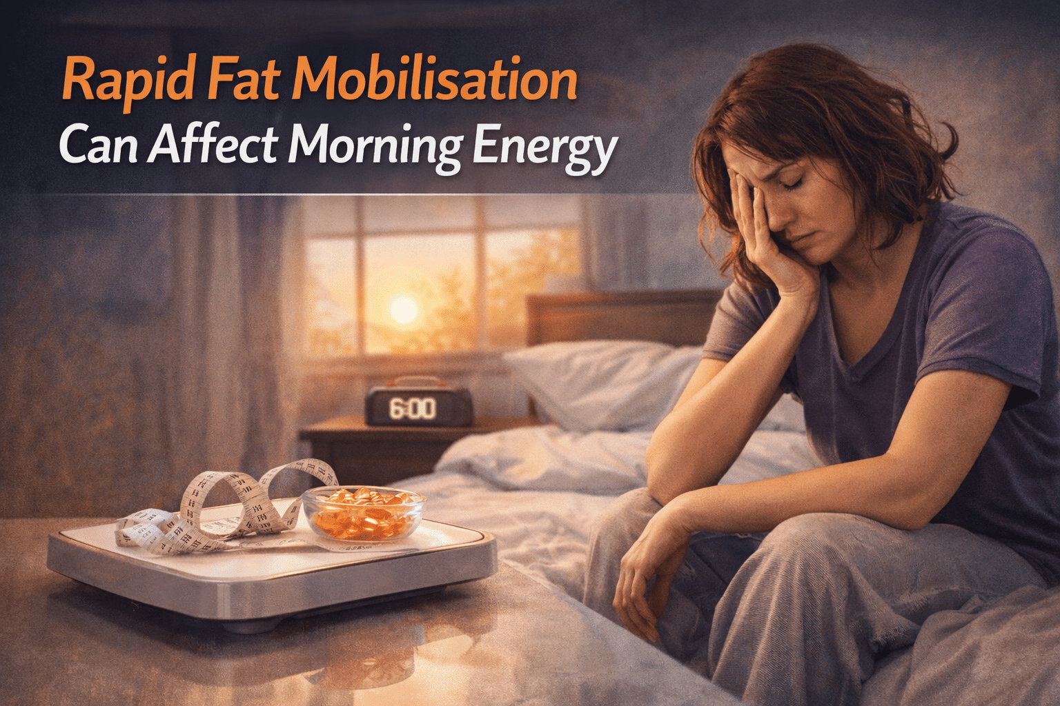 Tired woman sitting on the edge of her bed at sunrise with a scale, measuring tape, and supplements nearby, illustrating how rapid fat mobilisation during dieting can affect morning energy levels.