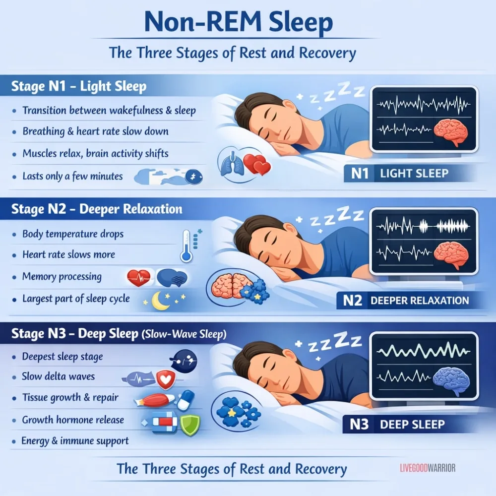 Infographic explaining non-REM sleep stages showing Stage N1 light sleep, Stage N2 deeper relaxation, and Stage N3 deep slow-wave sleep with body changes and brain activity indicators.