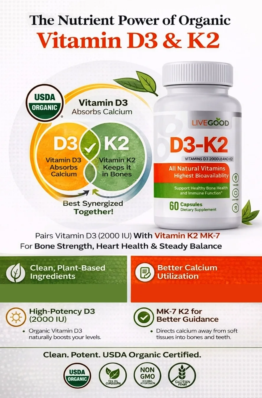 Organic D3 & K2 supplement infographic - 1 Infographic for organic vitamin D3 and K2 supplement showing D3 absorption and MK-7 K2 calcium guidance with USDA Organic certification