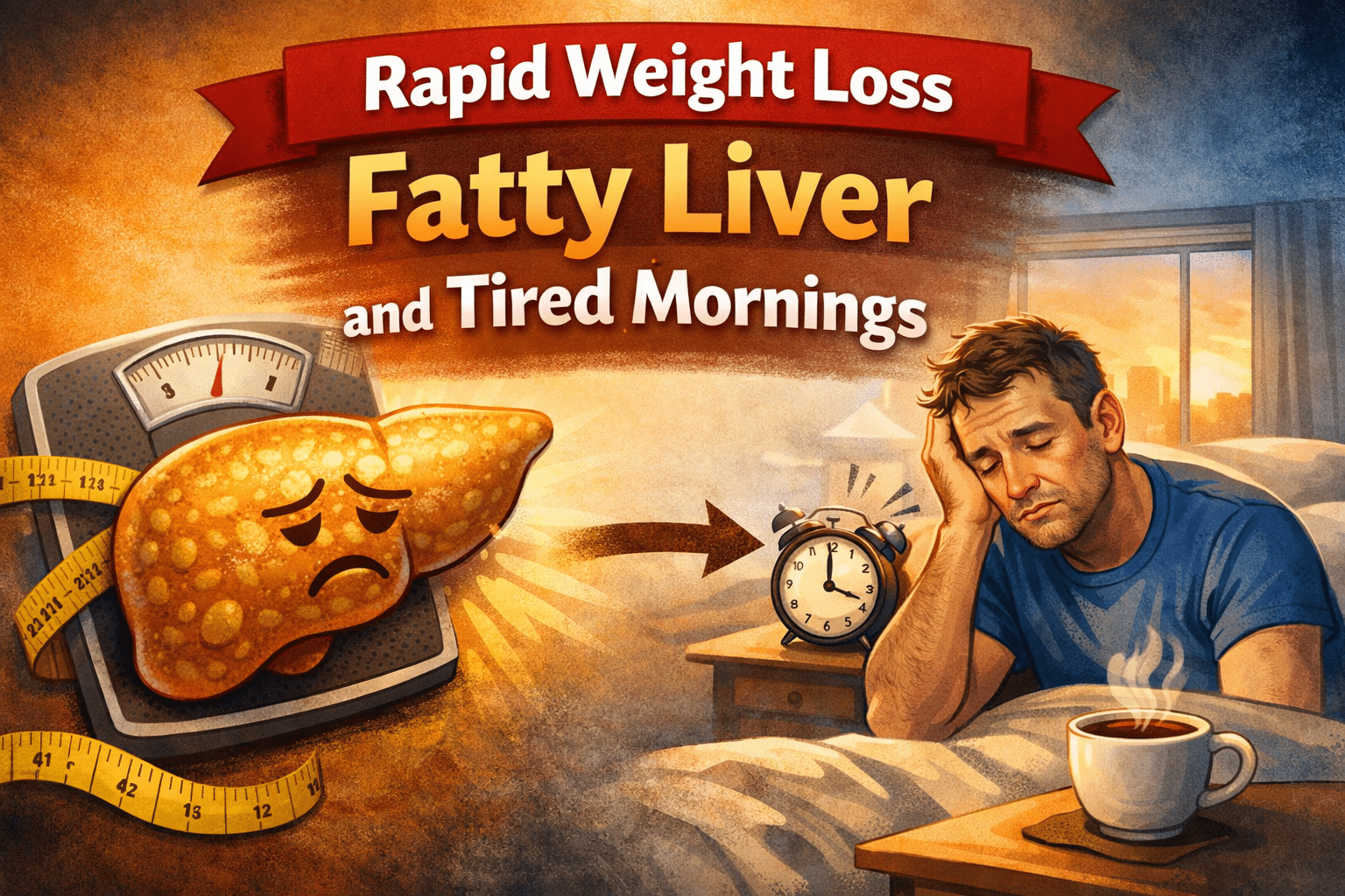 Rapid weight loss fatty liver and tired mornings illustration showing tired man in bed with alarm clock and stressed fatty liver with weight scale symbolising morning fatigue during rapid dieting
