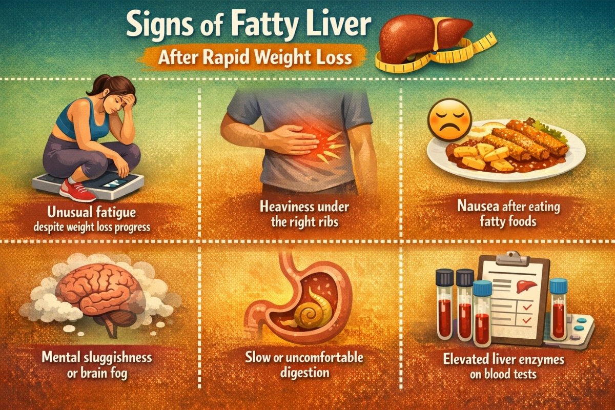 Infographic showing six possible signs of fatty liver after rapid weight loss: unusual fatigue despite weight loss progress, heaviness under the right ribs, nausea after eating fatty foods, mental sluggishness or brain fog, slower or uncomfortable digestion, and slightly elevated liver enzymes on routine blood tests.