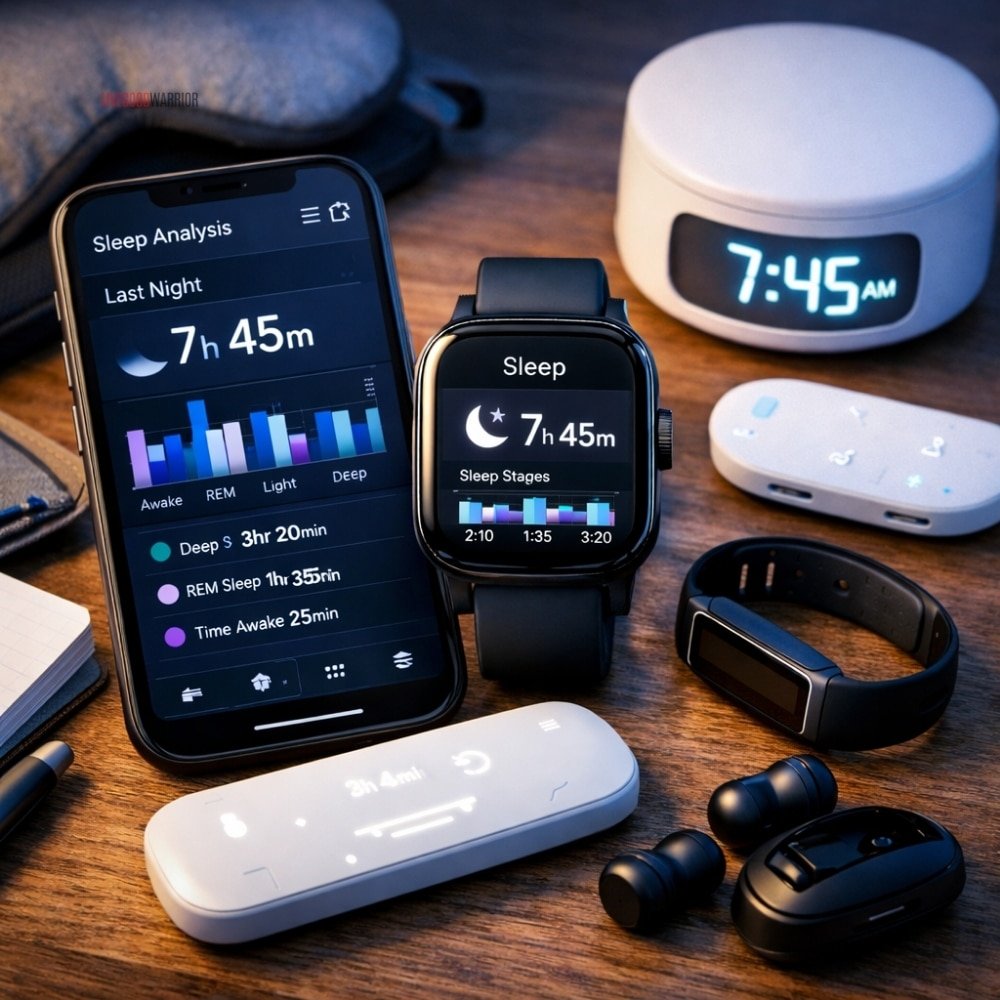 Sleep tracking technology devices including a smartwatch and smartphone displaying sleep analysis data with sleep stages and duration on a bedside table.