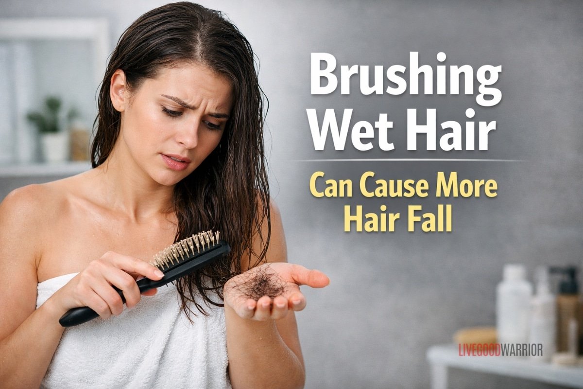 Woman brushing wet hair and noticing hair strands in the brush, illustrating how brushing wet hair can cause more hair fall.