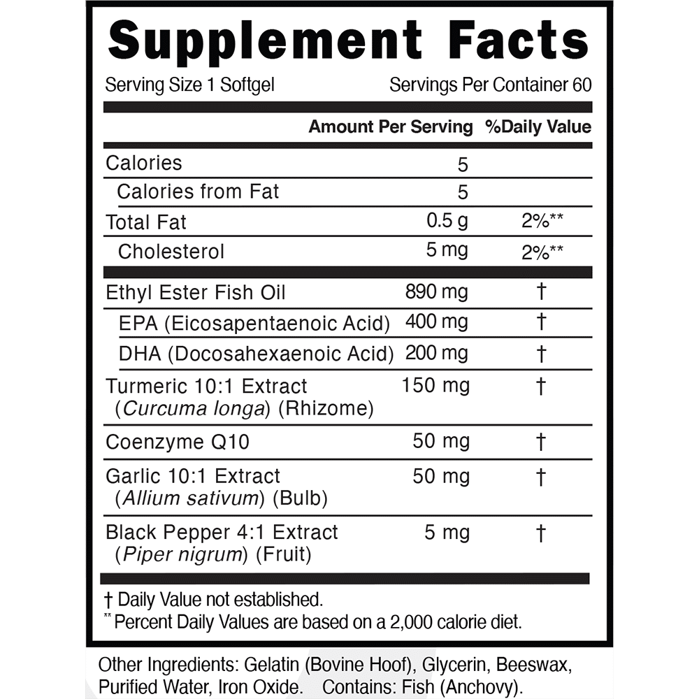 Factor4 anti-inflammatory label showing serving size 1 softgel, 60 servings per container, omega-3 fish oil 890 mg with EPA 400 mg and DHA 200 mg, turmeric extract 150 mg, CoQ10 50 mg, garlic extract 50 mg, and black pepper extract 5 mg.