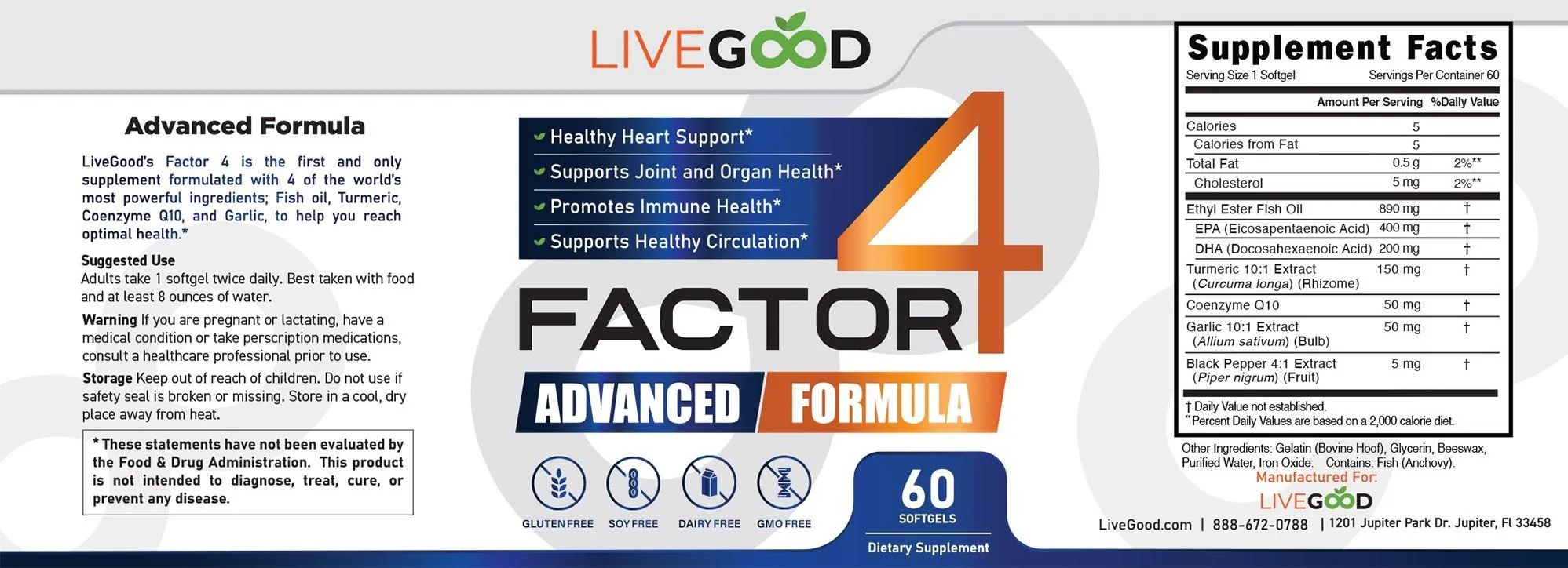 Factor4 Supplement Facts Label Factor4 by LiveGood supplement label showing advanced formula ingredients including omega-3 EPA DHA, turmeric, CoQ10, garlic and black pepper extract for inflammation support