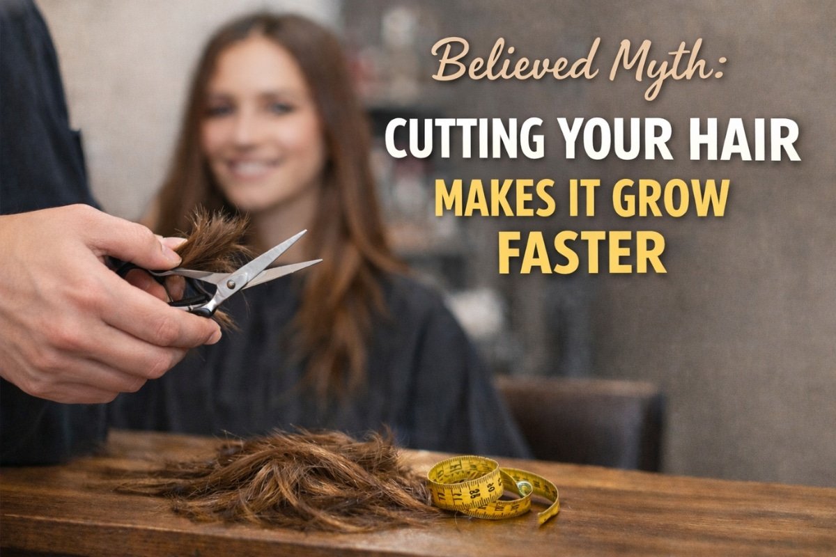 Hairdresser cutting a woman’s hair in a salon illustrating the myth that cutting hair makes it grow faster.