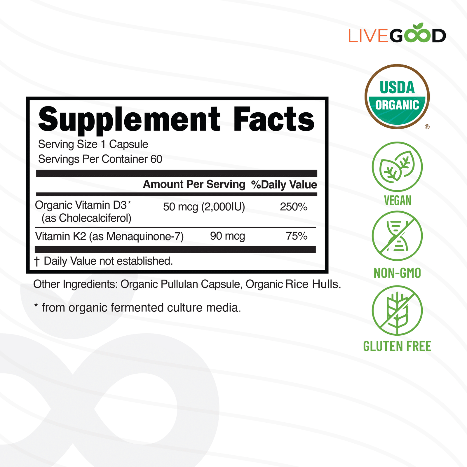 Supplement facts for organic vitamin D3 and K2 supplement showing 2000 IU D3, MK-7 K2, USDA Organic, vegan, non-GMO, gluten-free labels