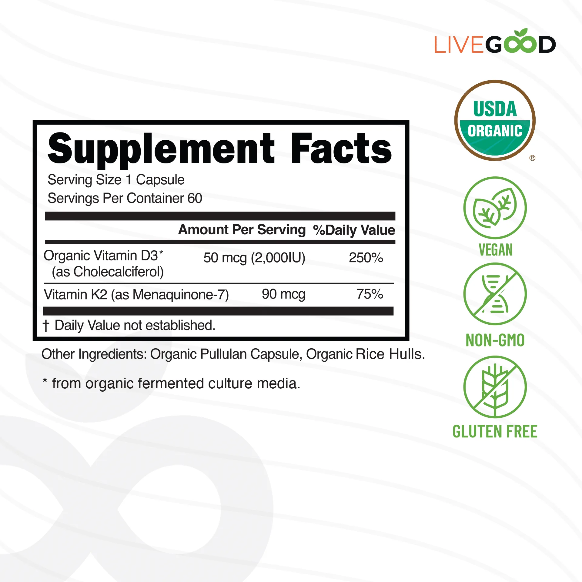 organic-vitamin-d3-k2-supplement-facts Supplement facts for organic vitamin D3 and K2 supplement showing 2000 IU D3, MK-7 K2, USDA Organic, vegan, non-GMO, gluten-free labels