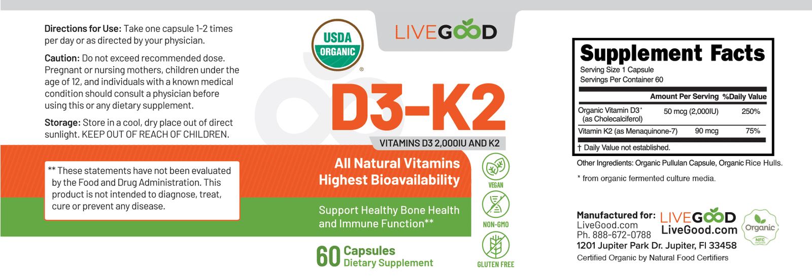 Organic vitamin D3 and K2 supplement label showing 2000 IU D3, MK-7 K2, USDA Organic, vegan, non-GMO, and gluten-free icons