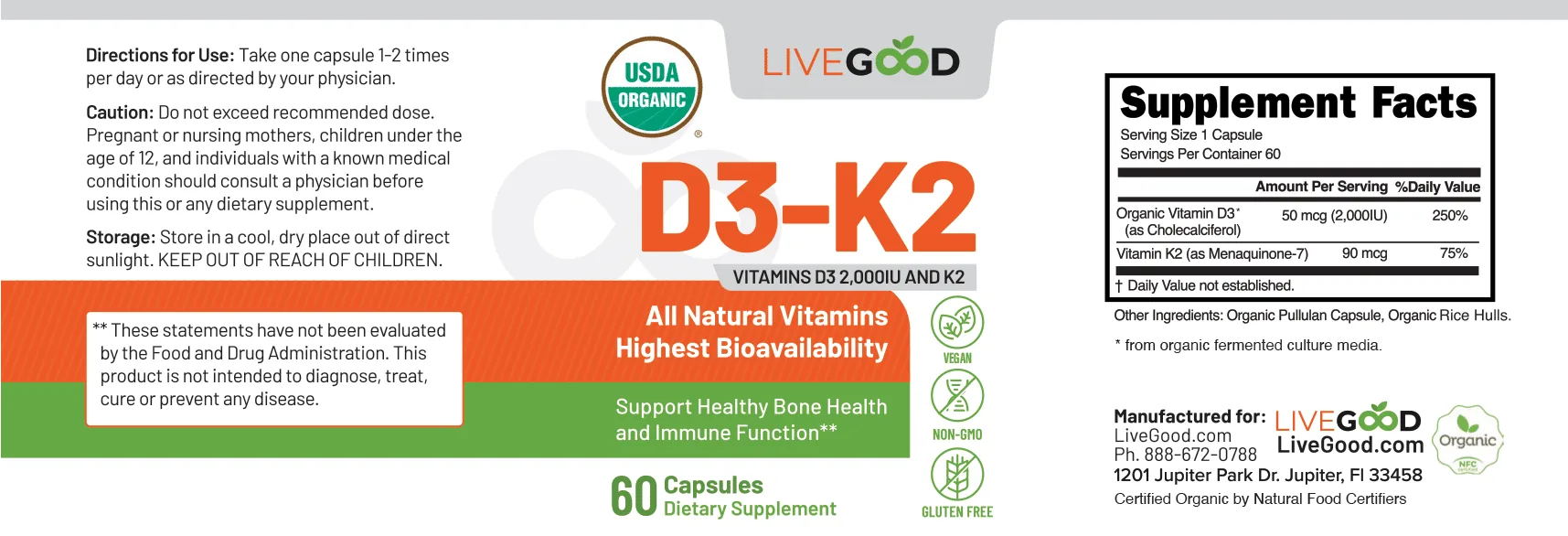organic-vitamin-d3-k2-supplement-label Organic vitamin D3 and K2 supplement label showing 2000 IU D3, MK-7 K2, USDA Organic, vegan, non-GMO, and gluten-free icons
