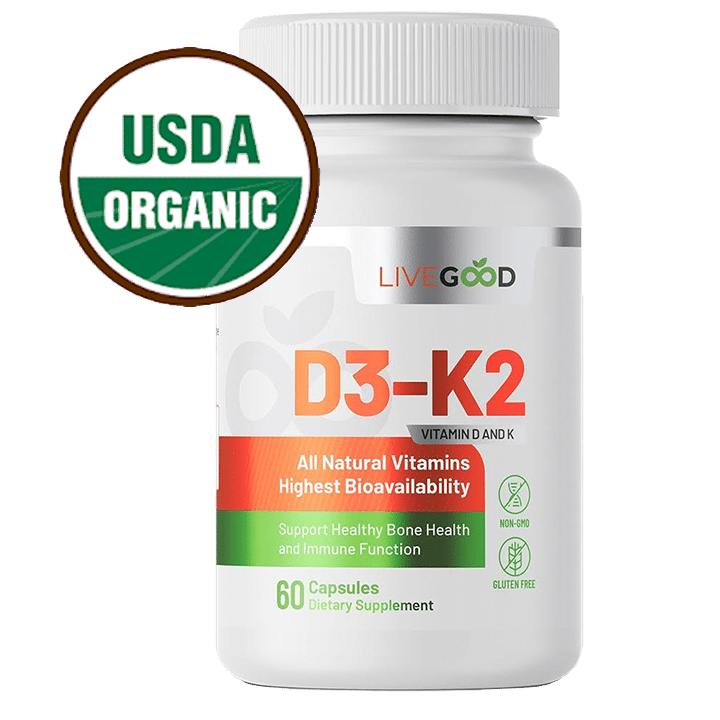 Organic vitamin D3 and K2 supplement with USDA Organic certification badge
