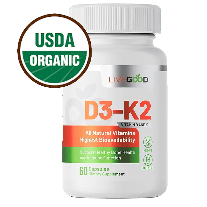 organic-vitamin-d3-k2-supplement-usda Organic vitamin D3 and K2 supplement with USDA Organic certification badge