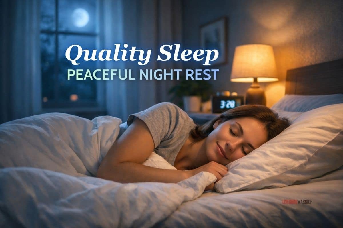 Woman sleeping peacefully in a calm bedroom at night illustrating healthy sleep habits and quality sleep.