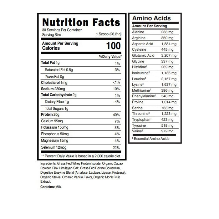 Chocolate whey protein isolate with colostrum nutrition facts label and full amino acid profile showing 20g protein per serving