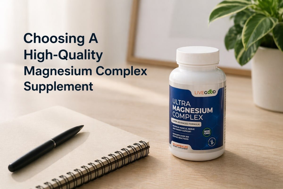 choosing a high quality magnesium complex supplement with bottle and notebook in clean minimal setting