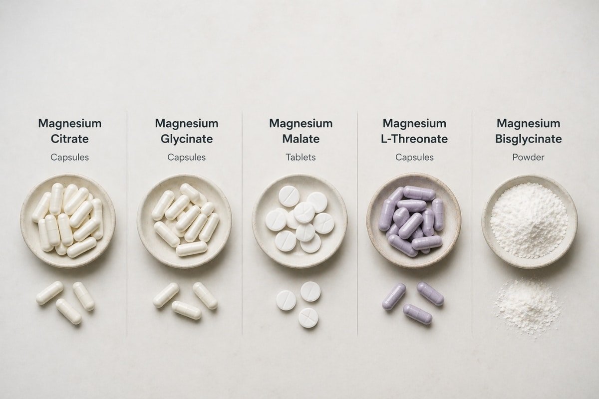 different forms of magnesium supplements comparison with capsules tablets and powder in clean organized layout