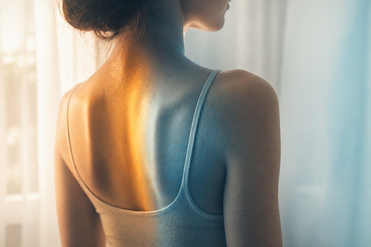 internal balance body awareness concept with soft light gradient on relaxed female silhouette near window