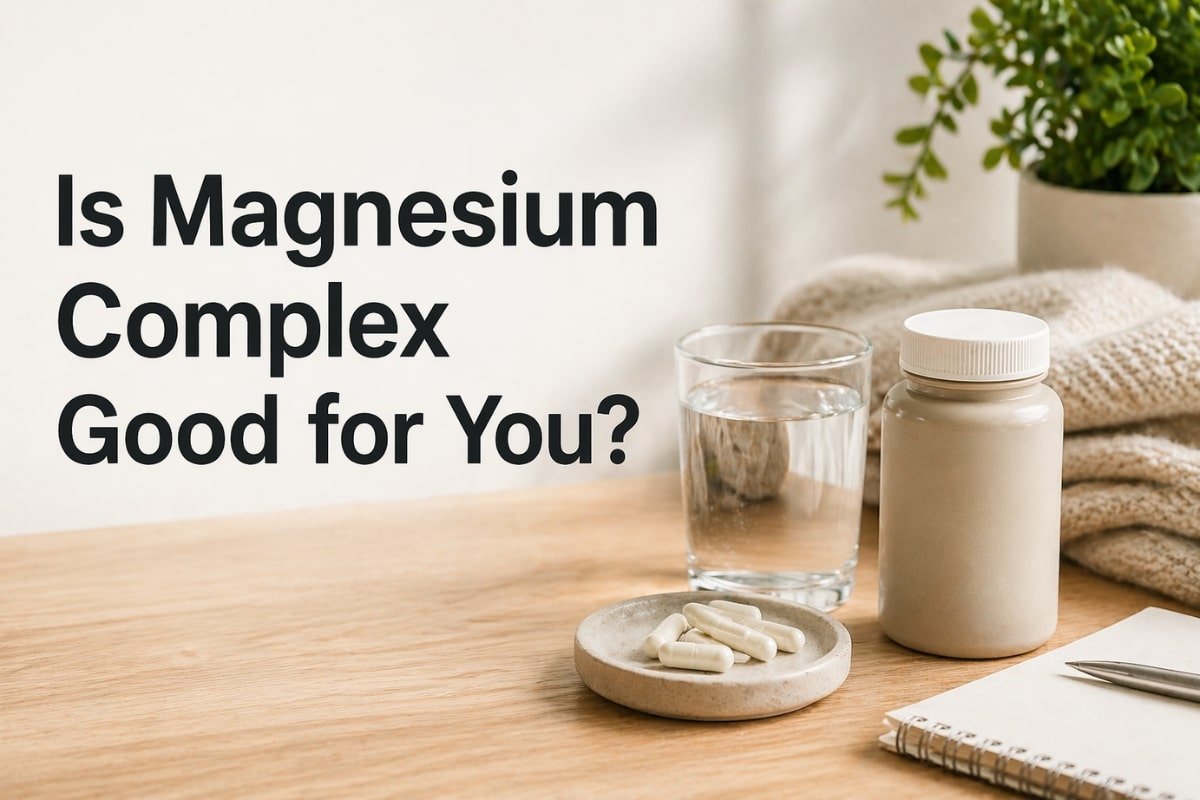 is magnesium complex good for you feature image with supplements glass of water and calm minimal