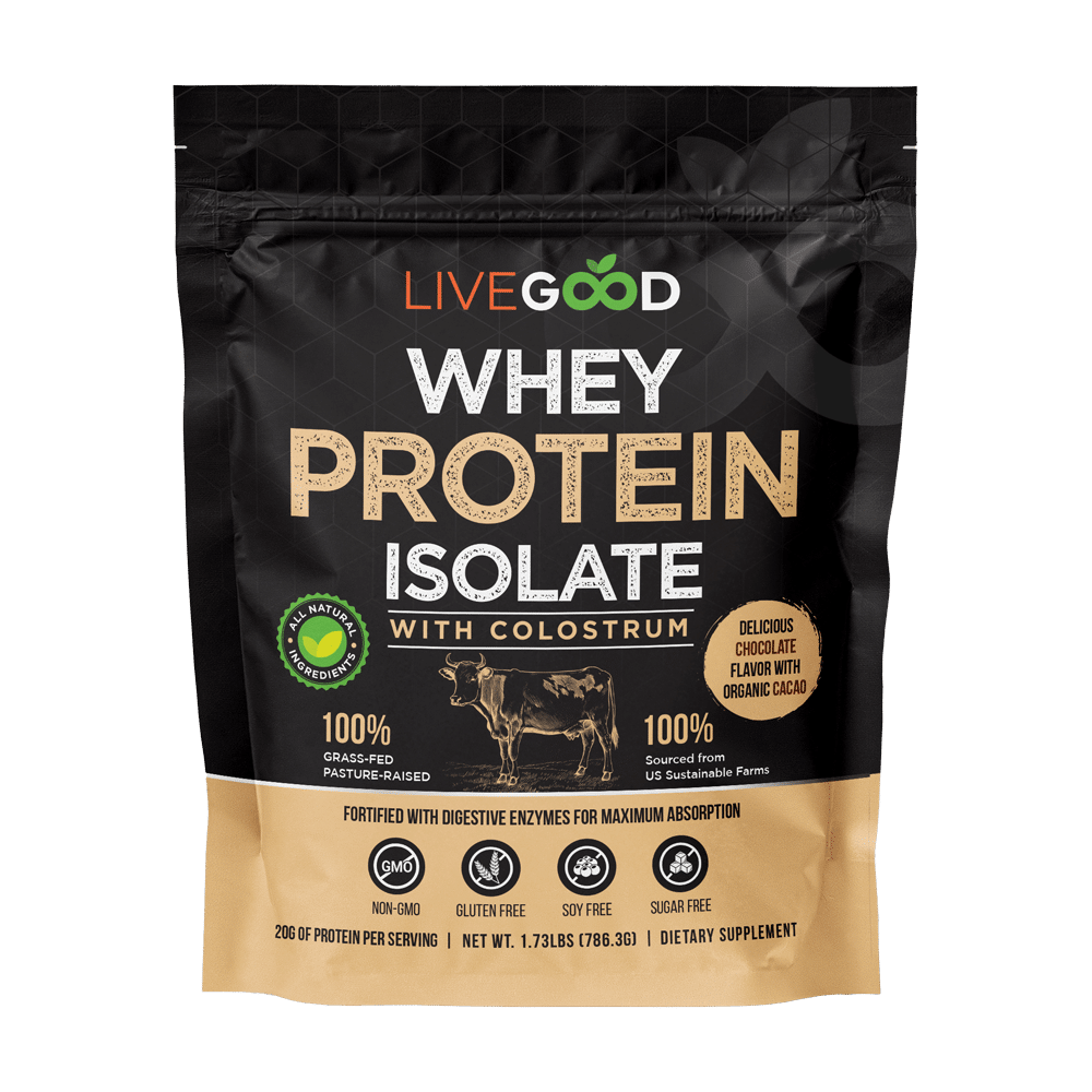Chocolate whey protein isolate with colostrum in black pouch packaging, grass-fed formula with organic cacao, 20g protein per serving