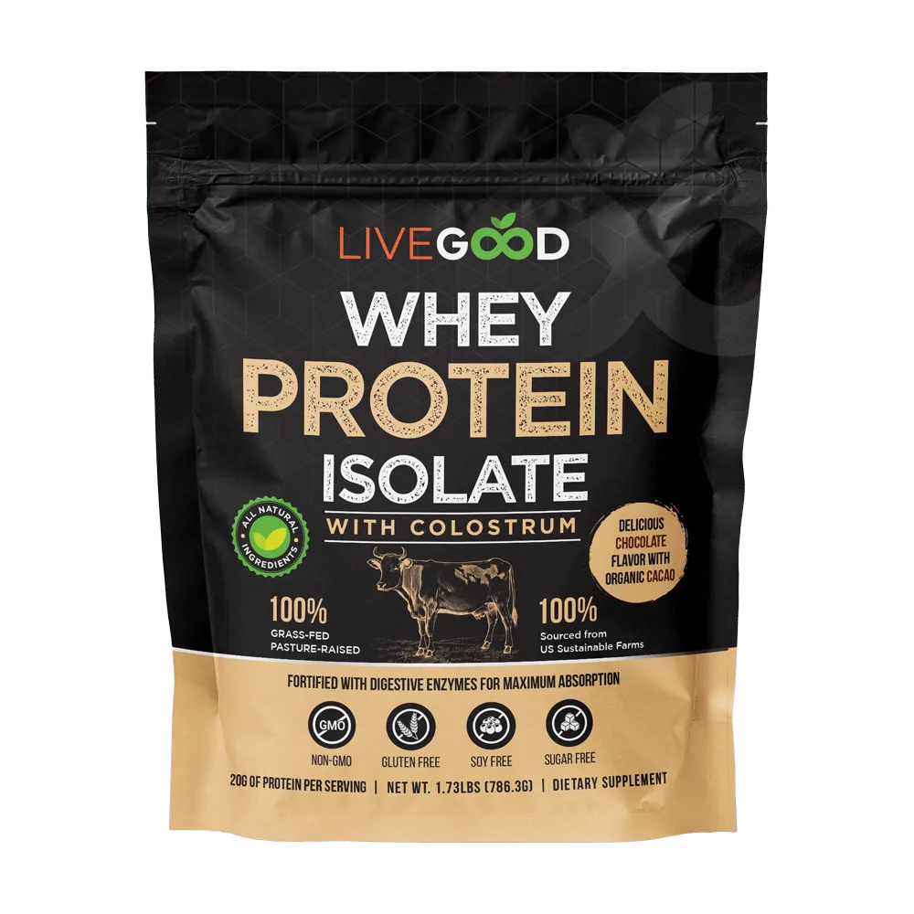 Chocolate whey protein isolate with colostrum in black pouch packaging, grass-fed formula with organic cacao, 20g protein per serving