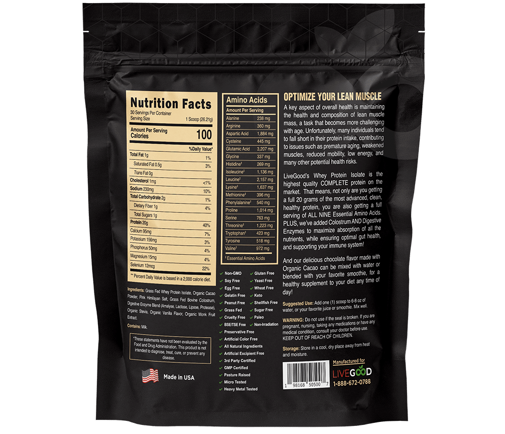 Nutrition facts and amino acid profile of chocolate whey protein isolate with colostrum showing 20g protein per serving and ingredient details