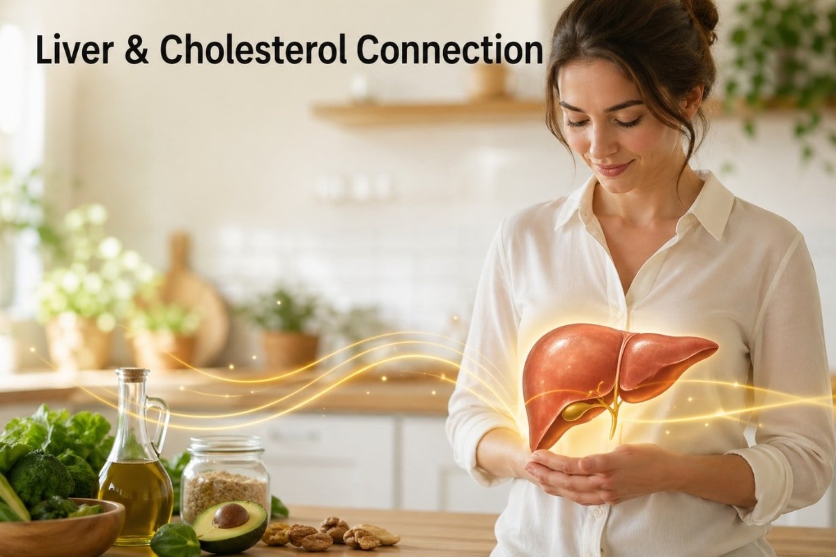 woman holding glowing liver concept representing liver and cholesterol connection in daily lifestyle