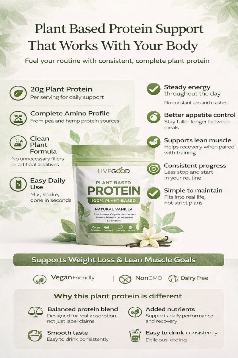 plant based protein powder infographic showing benefits, amino acid profile, steady energy, appetite control and clean vegan formula